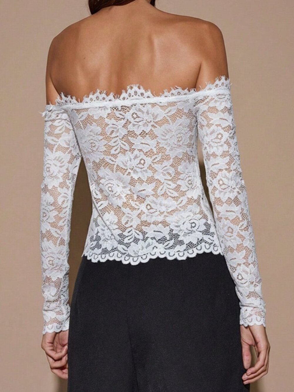 White Sheer Lace Women's Off-Shoulder Long Sleeve Top - Picture 2 of 6